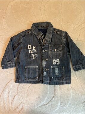 DKNY Dark Blue Denim Jacket with Embroidered Patches and Number 89